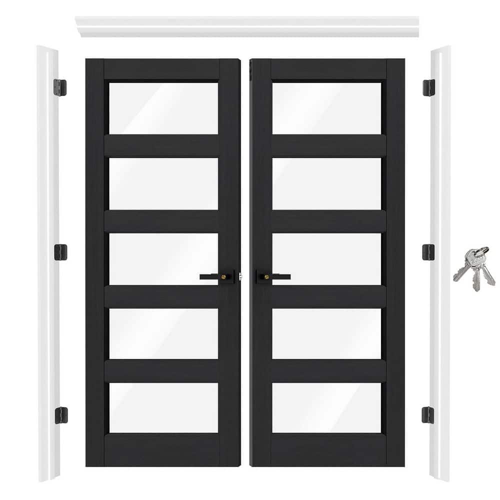 64 in. x 80 in. Black Wood 5 Lite Tempered Clear Glass French Door with Jamb, Privacy Lever & Latch, Assembly Required price history on PriceWatchPro