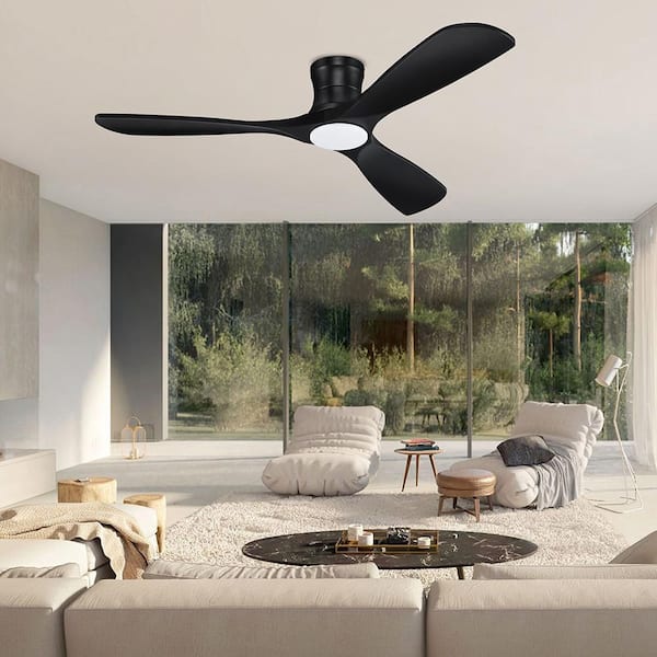 52 in. Smart Outdoor Indoor Black Flush Mount Ceiling Fans with Lights Remote, WIFI Alexa App workable, Quiet DC Motor