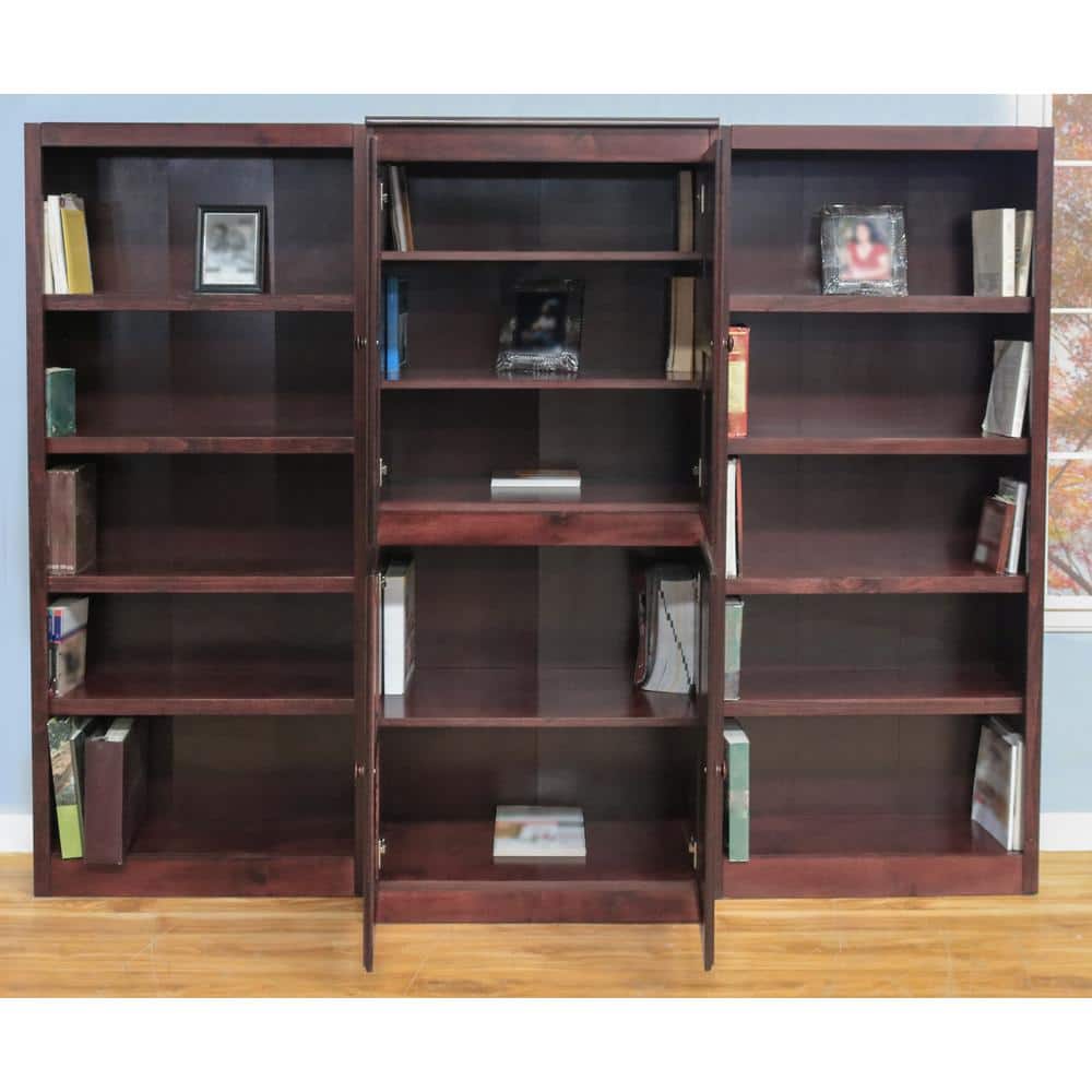 Cherry Finish Tall Wood Bookcase Wall with Adjustable Shelves and Doors