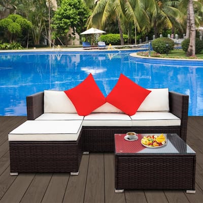 Dark Brown Wicker Rattan 3 Piece Patio Sectional Outdoor Furniture Sofa Set with Creme Cushions