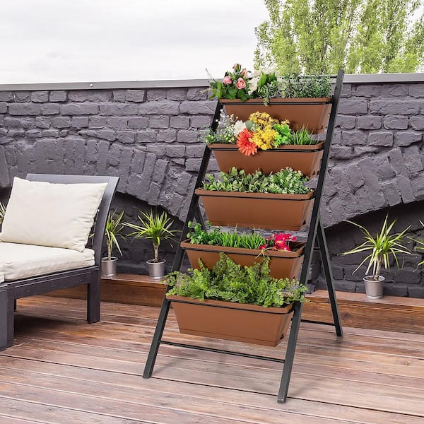 29 in. x 22.5 in. x 48.5 in. 5-Tier Brown Plastic Garden Planter Box Elevated Raised Bed with Container