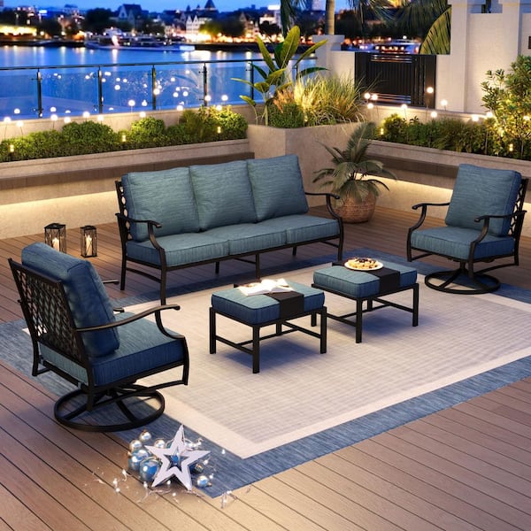 PHI VILLA Black 5-Piece Metal Meshed 7-Seat Outdoor Patio Conversation Set with Peacock Blue Cushions 2 Swivel Chairs 2 Ottomans