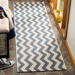 Courtyard Blue/Beige 2 ft. x 7 ft. Geometric Indoor/Outdoor Patio  Runner Rug