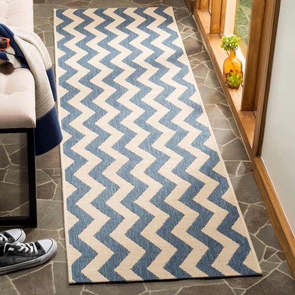 Courtyard Blue/Beige 2 ft. x 7 ft. Geometric Indoor/Outdoor Patio  Runner Rug