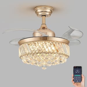 36 in. Modern Indoor Retractable Blade Ceiling Fan with LED Light and Remote Control Gold Crystal Ceiling Fan Light