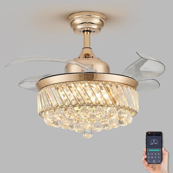 ANTOINE 36 in. Modern Indoor Retractable Blade Ceiling Fan with LED Light  and Remote Control Gold Crystal Ceiling Fan Light HD-FSD-01 - The Home Depot