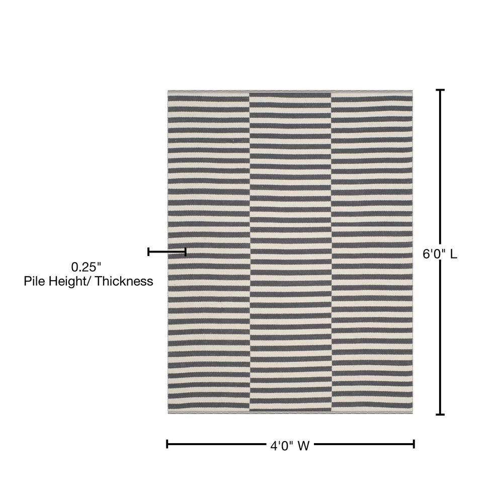 Gray and Ivory Striped Wool Cotton 4' x 6' Area Rug