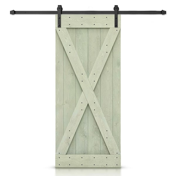 CALHOME X Series 36 in. x 84 in. Pre-Assembled Sage Green Stained Wood Interior Sliding Barn Door with Hardware Kit