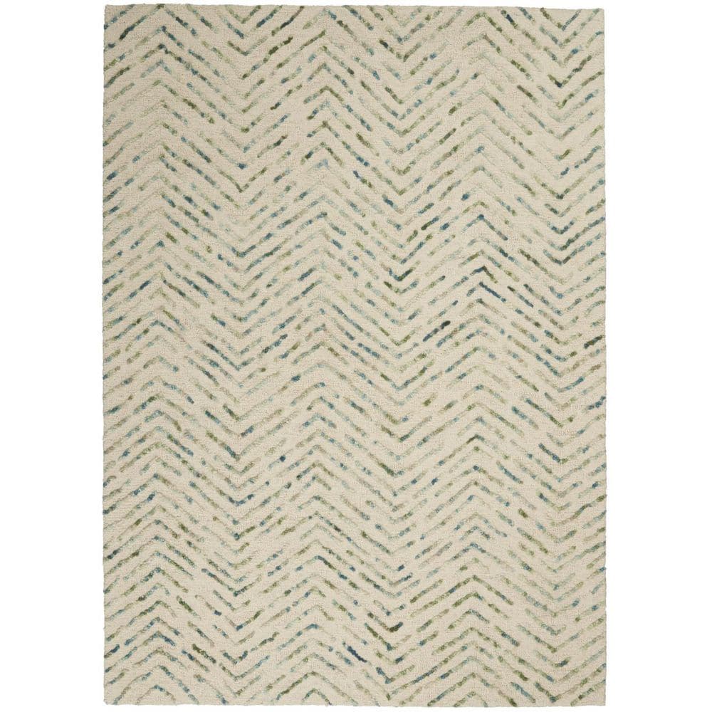 HomeRoots 5 ft. x 7 ft. Ivory Blue and Green Wool Chevron Area Rug ...