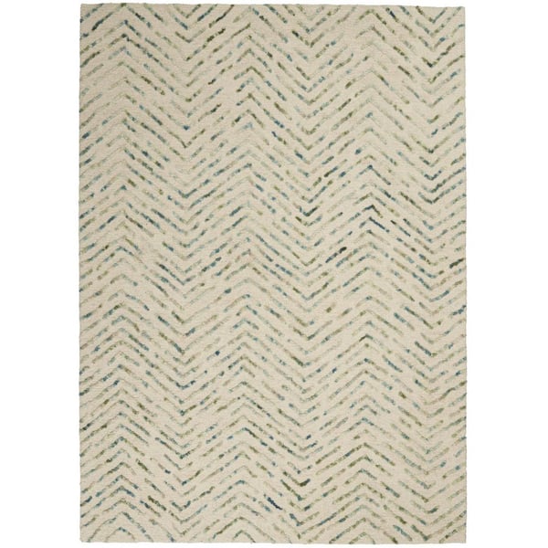 5 ft. x 7 ft. Ivory Blue and Green Wool Chevron Area Rug