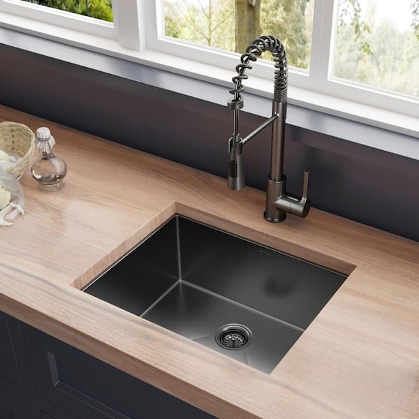 23 in. Undermount Single Bowl 18 Gauge Gunmetal Black Stainless Steel  Kitchen Sink with Black Spring Neck Faucet