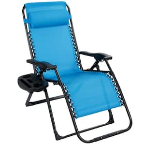 Blue Metal Adjustable Outdoor Recliner Patio Folding Lounge Chair with Cup Holder