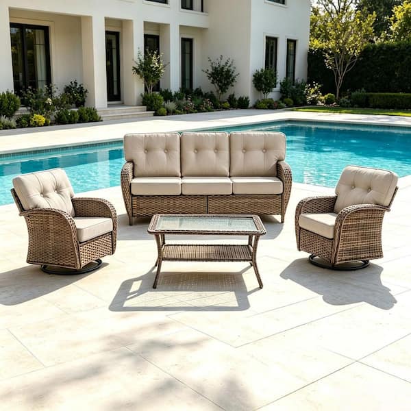 Modern Seaside 4-Piece Patio Wicker Outdoor Conversation Set Rocking Chair Swivel Glide with Table and Beige Cushions