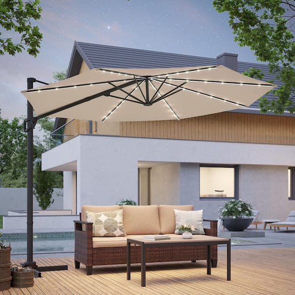 10 ft. LED Round 360° Rotation Cantilever Offset Outdoor Patio Umbrella in Beige