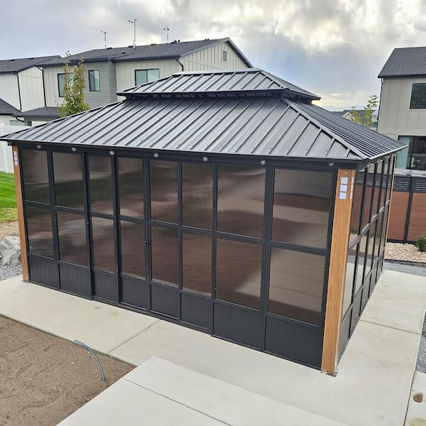 12ft. x 16ft. Sunroom Hardtop Gazebo with Wood Grain Columns Black Frame Aluminum Double Top, Mesh Screens and 24-Lights