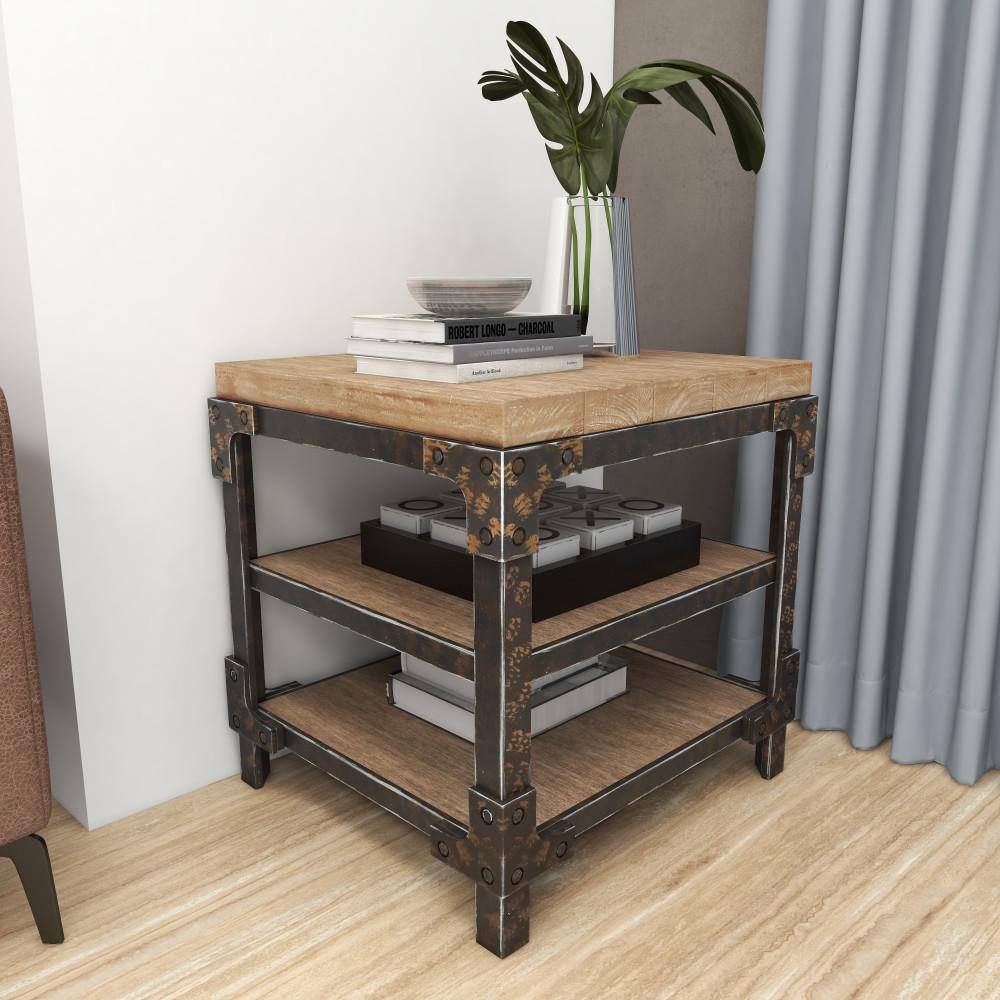 Industrial Brown Fir Wood and Metal 3-Tier Accent Table