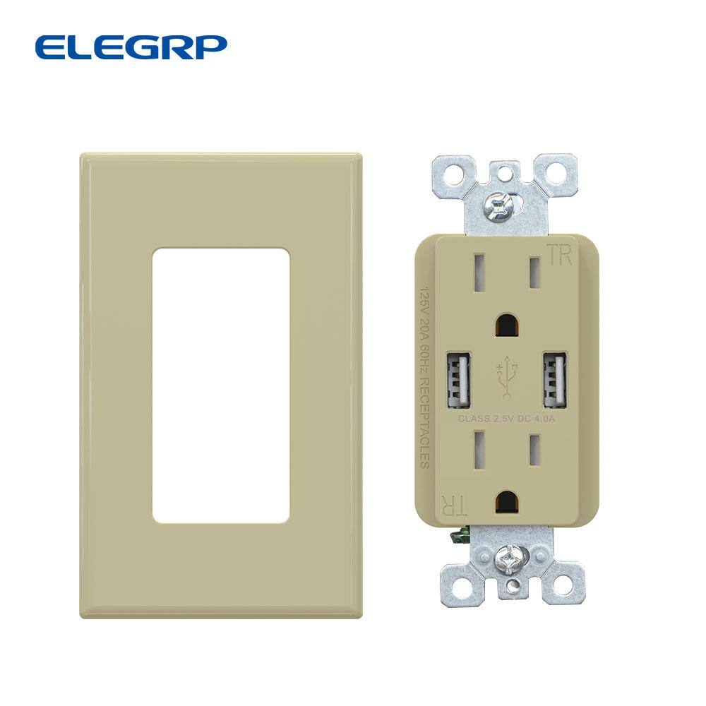 Ivory 15A Tamper Resistant Duplex Outlet with USB Ports and Wall Plate