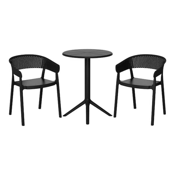 Frond and Form Outdoor Patio Modern HDPE Plastic 3-Piece Indoor/Outdoor Bistro Set w/ Stackable Chairs, Black