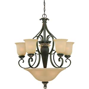 Bristol Collection 8-Light Vintage Bronze with Antique Gold Chandelier with Sepia Glass Bell Shades and Center Bowl