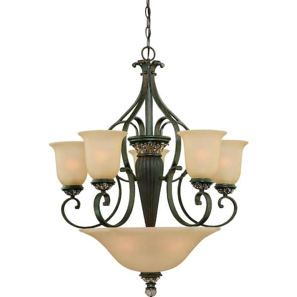Volume Lighting Bristol Collection 8-Light Vintage Bronze with Antique Gold Chandelier with Sepia Glass Bell Shades and Center Bowl