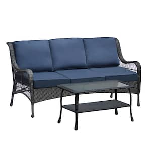 Black 2-Pcs. Metal Outdoor Sectional Set with Blue Cushions Outdoor Furniture Sets 3 Seater Sofa with 1 Coffee Table