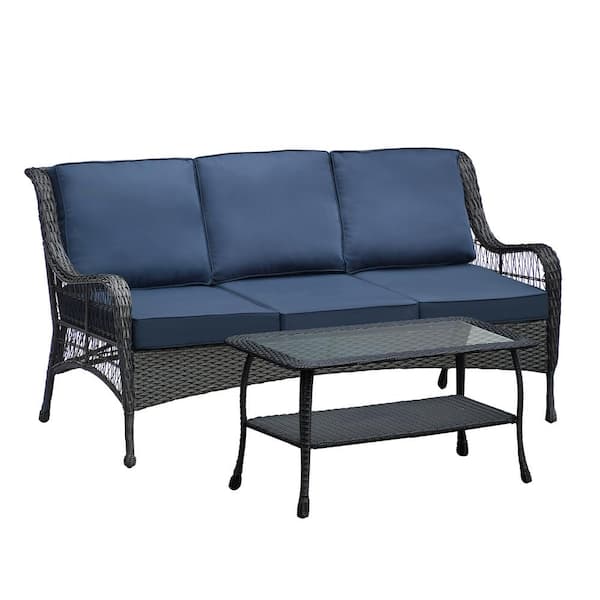 ITOPFOX Black 2-Pcs. Metal Outdoor Sectional Set with Blue Cushions Outdoor Furniture Sets 3 Seater Sofa with 1 Coffee Table