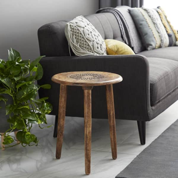 Litton Lane 17 in. Dark Brown Handmade Intricately Carved Floral Large Round Wood End Table with 3 Slender Legs