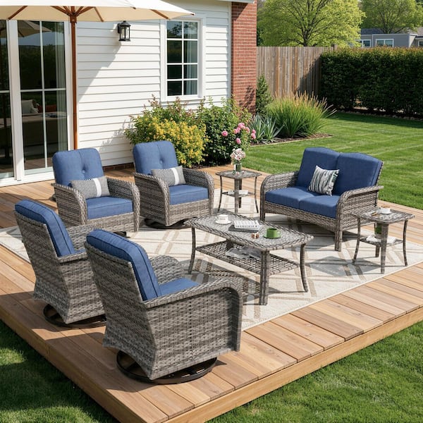 Mejy Gray 8-Piece Wicker Patio Conversation Set with Denim Blue Cushions and Swivel Chairs