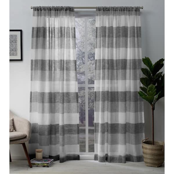 EXCLUSIVE HOME Bern Ash Grey Stripe Sheer Rod Pocket Curtain, 54 in. W x 84 in. L (Set of 2)