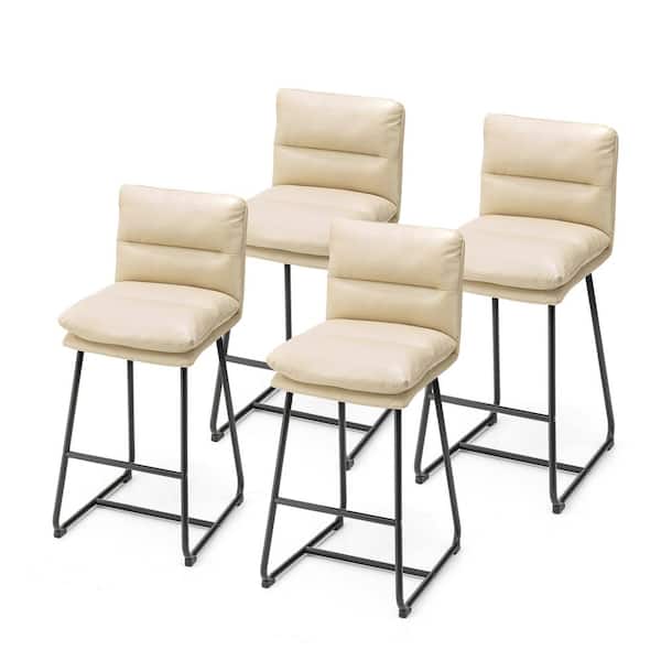 Glitzhome 30.75 in. H Seat Modern Cream Metal Thick Leatherette Bar Stool with Metal Legs (Set of 4）