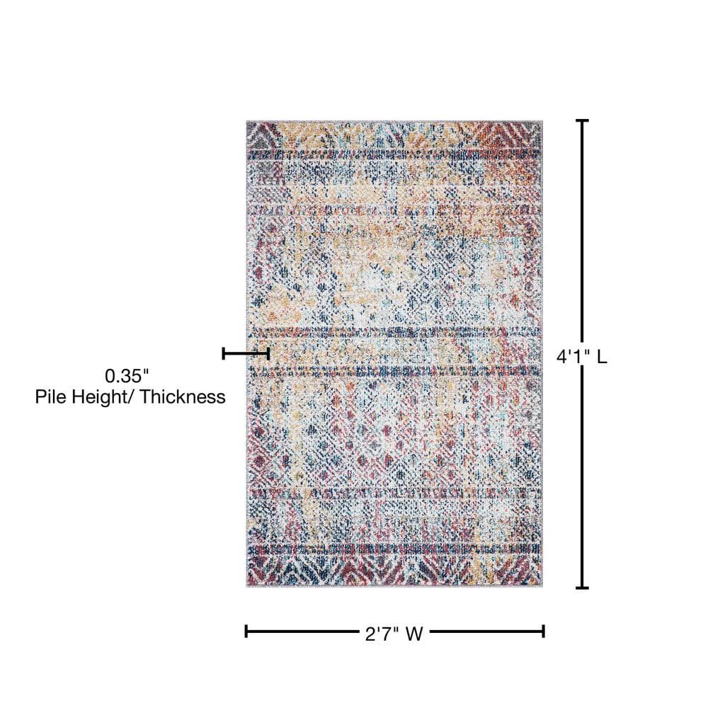 Vintage Blue and Multicolor Geometric Synthetic Area Rug 5' x 7'