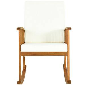 Brown Wooden Outdoor Rocking Chair with Beige Detachable Cushion