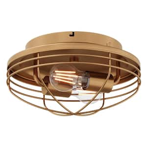 Industrial 11.81 in. 2-Light Farmhouse Gold Flush Mount Vintage Cage Ceiling Light Fixtures