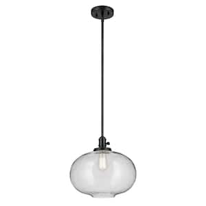 Avery 14.5 in. 1-Light Black Vintage Industrial Shaded Globe Kitchen Hanging Pendant Light with Seeded Glass