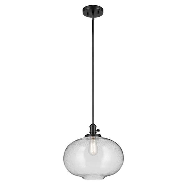 KICHLER Avery 14.5 in. 1-Light Black Vintage Industrial Shaded Globe Kitchen Hanging Pendant Light with Seeded Glass