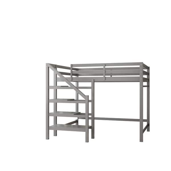 Donason Gray Full Size Loft Bed with Built-In Storage Staircase and Hanger