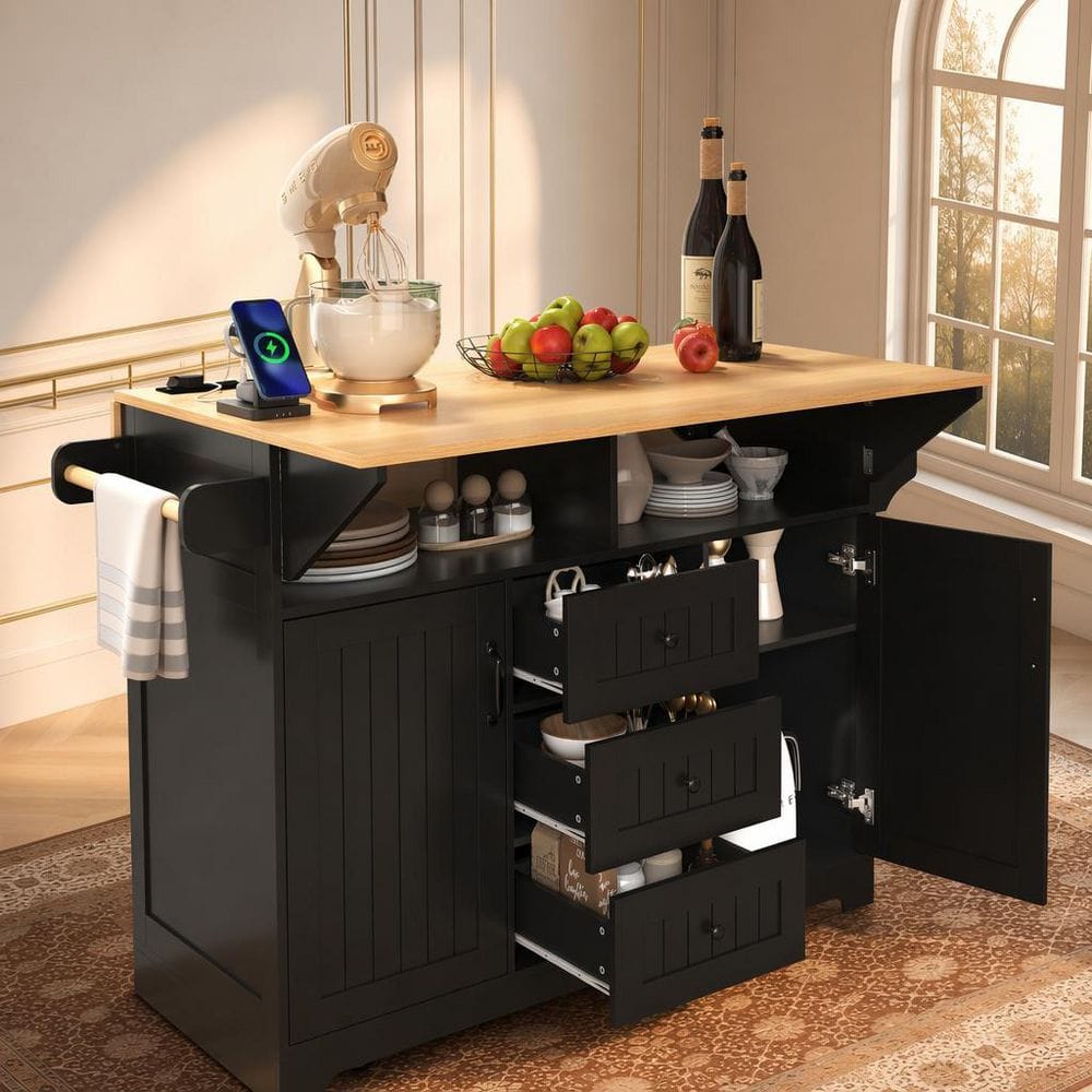 Farmhouse Black Wood 55.7 in. Power Outlet Dual Drop-Leaf Rolling Kitchen Island Storage Cart with 3-Drawer and 2-Door