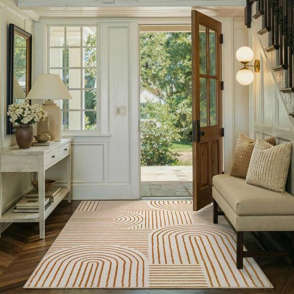 Abstract Rainbow Striped Washable Non-Slip Beige 4 ft. x 6 ft. Living Room Bedroom Area Rug
