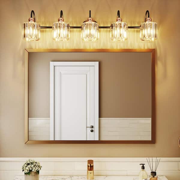 Merrin 40.55 in. 5-Lights Metal Black and Gold Bathroom Vanity Light with Crystal Shades