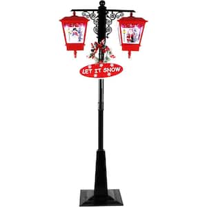 71 in. Red and Black Musical Christmas Dual-Lantern Street Lamp with Santa, Snowman, Signs and Cascading Snow