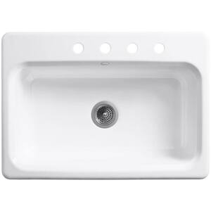 Bakersfield Drop-In Cast Iron 31 in. 4-Hole Single Bowl Kitchen Sink in White with Basin Rack