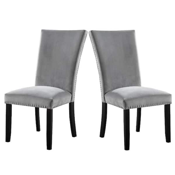 Benjara Black and Gray Cotton Side Chair with Straight Front and Flared Black Wood Legs (Set of 2)