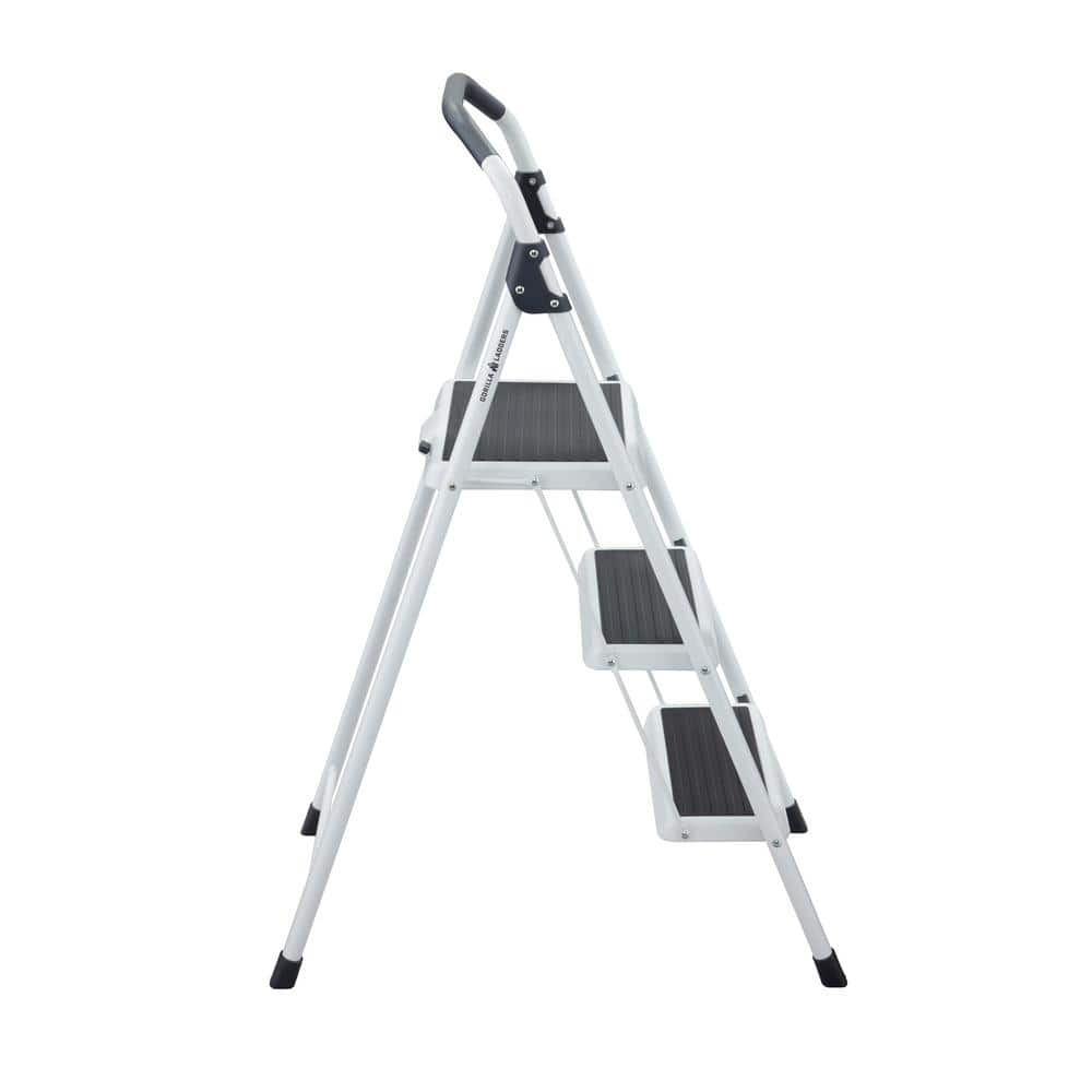 3-Step White and Black Foldable Steel Step Stool Ladder