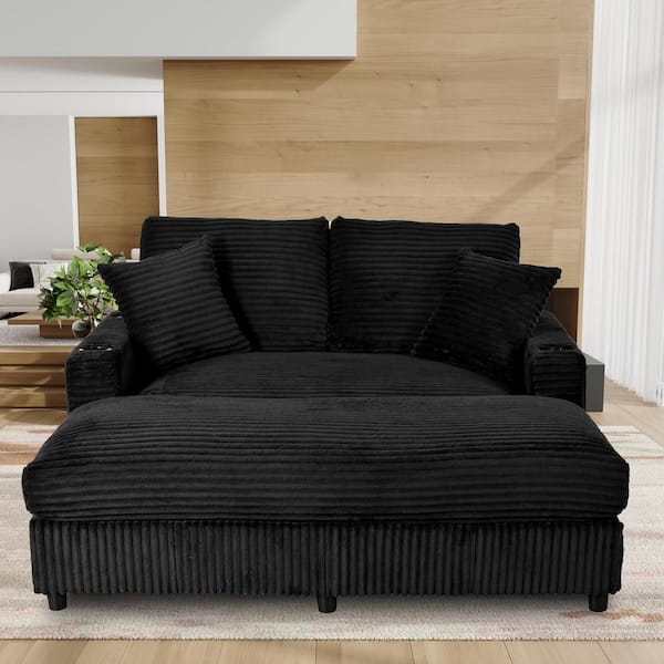 Keene Black Polyester Upholstered Large Squre Arm Chaise Lounge with Cup Holders, Throw Pillows