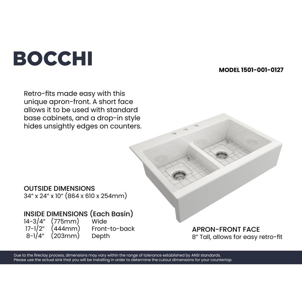 Nuova 34'' White Fireclay Double Bowl Farmhouse Sink