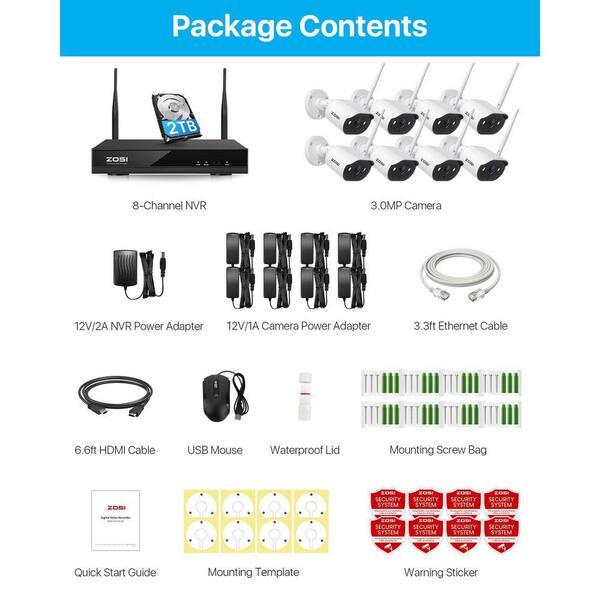 ZOSI 8-Channel H.265+ 3MP 2K 2TB Hard Drive NVR Security Camera