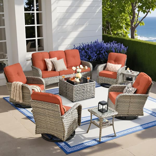 OVIOS Vinceny Gray 8-Piece Wicker Patio Conversation Set with Orange Red Cushions and Coffee Table