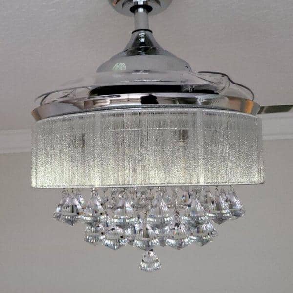 Parrot Uncle Heatherly 36 In Chrome, Chandelier Ceiling Fan With Crystal Lights And Retractable Blade 36 Inch Chrome