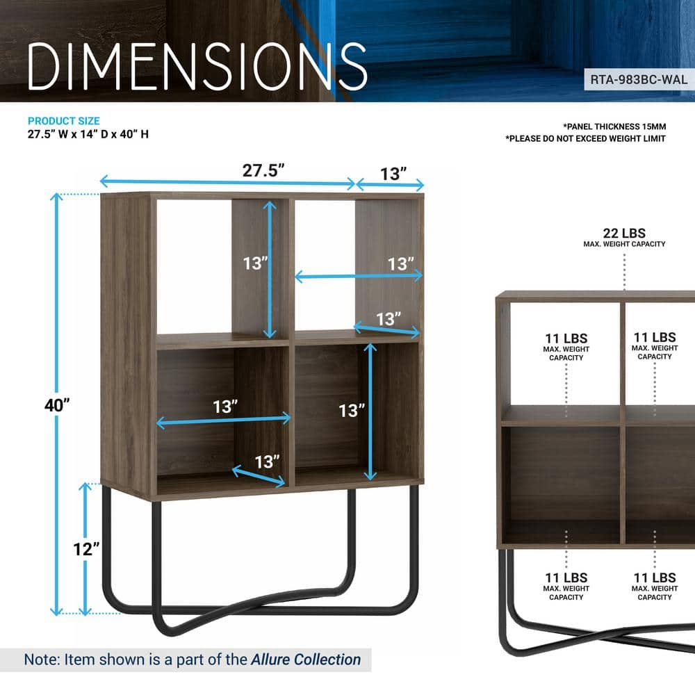 Modern Symmetrical 2-Tier Walnut Bookcase with Steel Cross-Legs