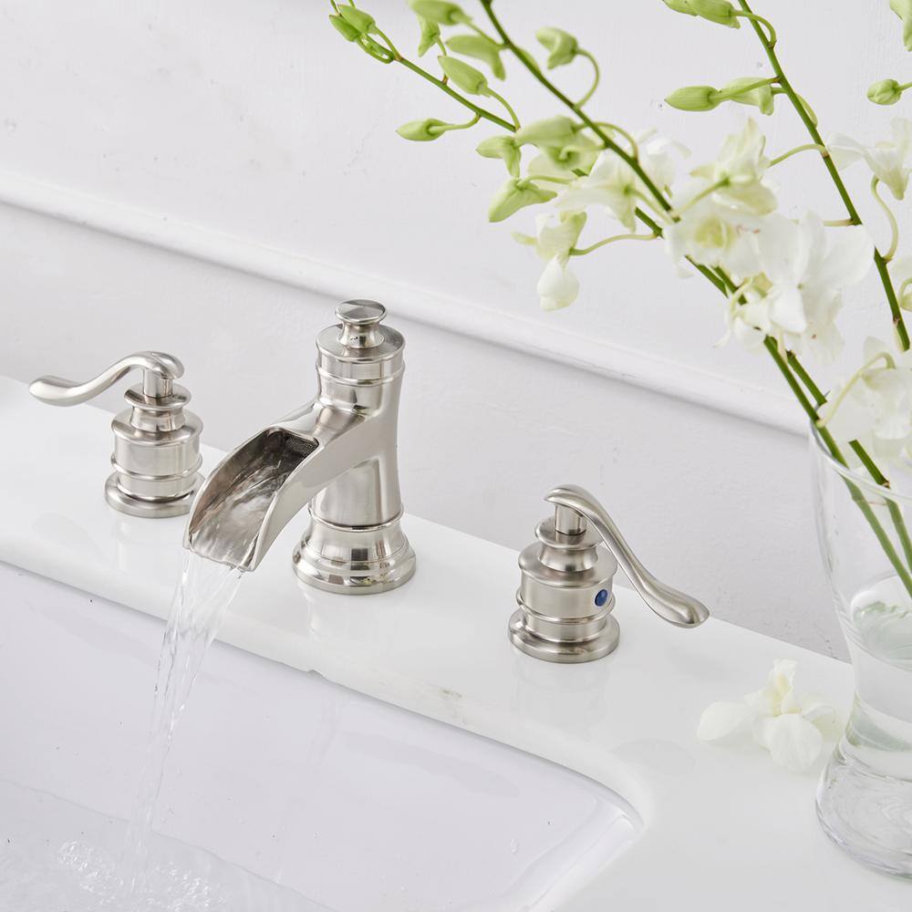 Brushed Nickel 8-Inch Widespread Waterfall Bathroom Faucet